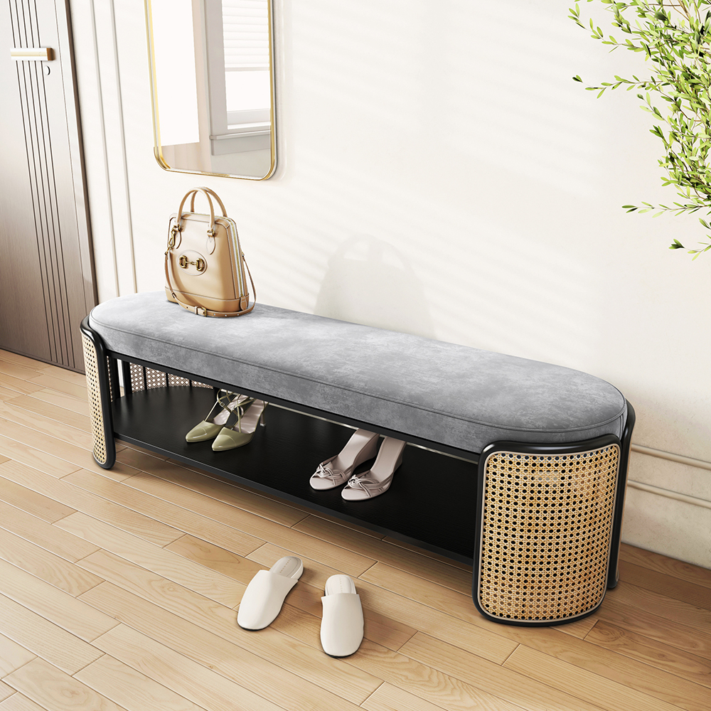 49" Rattan Bench Modern Gray & Natural Upholstered Entryway Bench with Shoe Storage