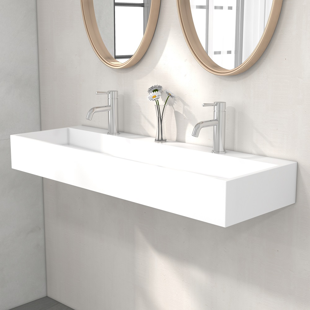 47 Inch Wall-Mount Double Sink Stone Resin Matte White Floating Trough Bathroom Sink
