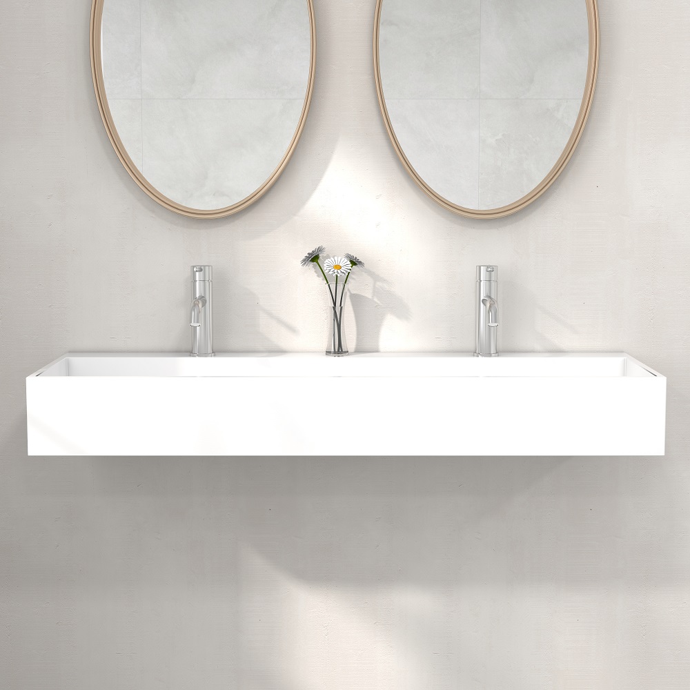 47 Inch Wall-Mount Double Sink Stone Resin Matte White Floating Trough Bathroom Sink