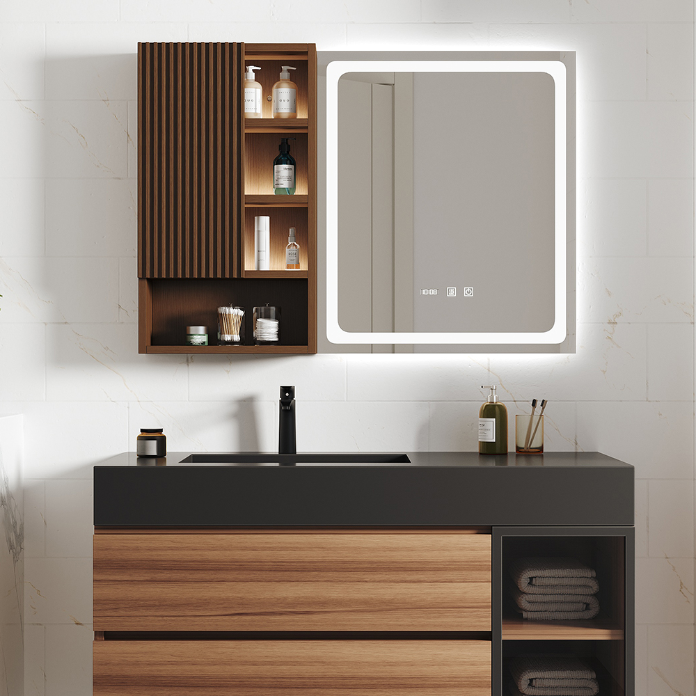 39" Led Lighted Bathroom Mirror With Side Cabinet Wooden Wall-mounted in US