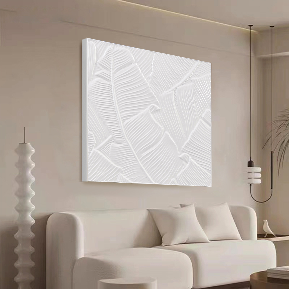 31.5" Minimalist Square 3d White Plaster Textured Wall Art Banana Leaves Painting Decor in US