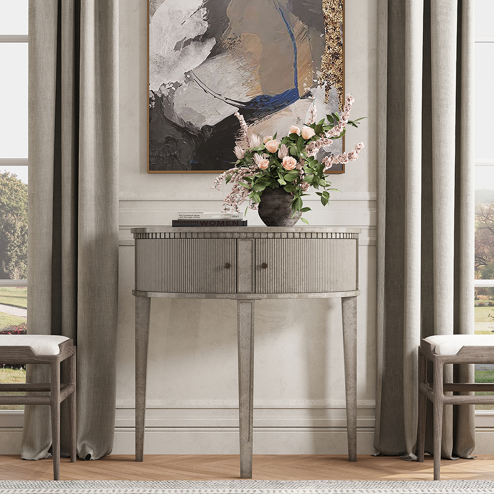 Rustic 31.9" Demilune Console Table Distressed Gray Entryway Table With Half Moon Shape 2 Doors in US