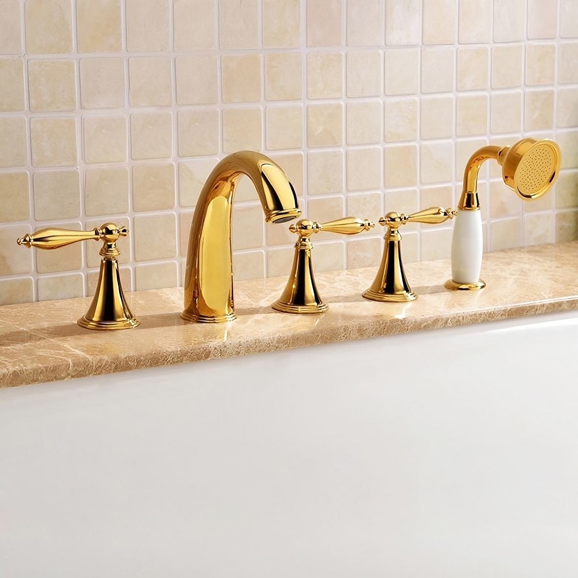 Deck Mounted Roman Bathtub Faucet With Handshower Solid Brass in Gold in US
