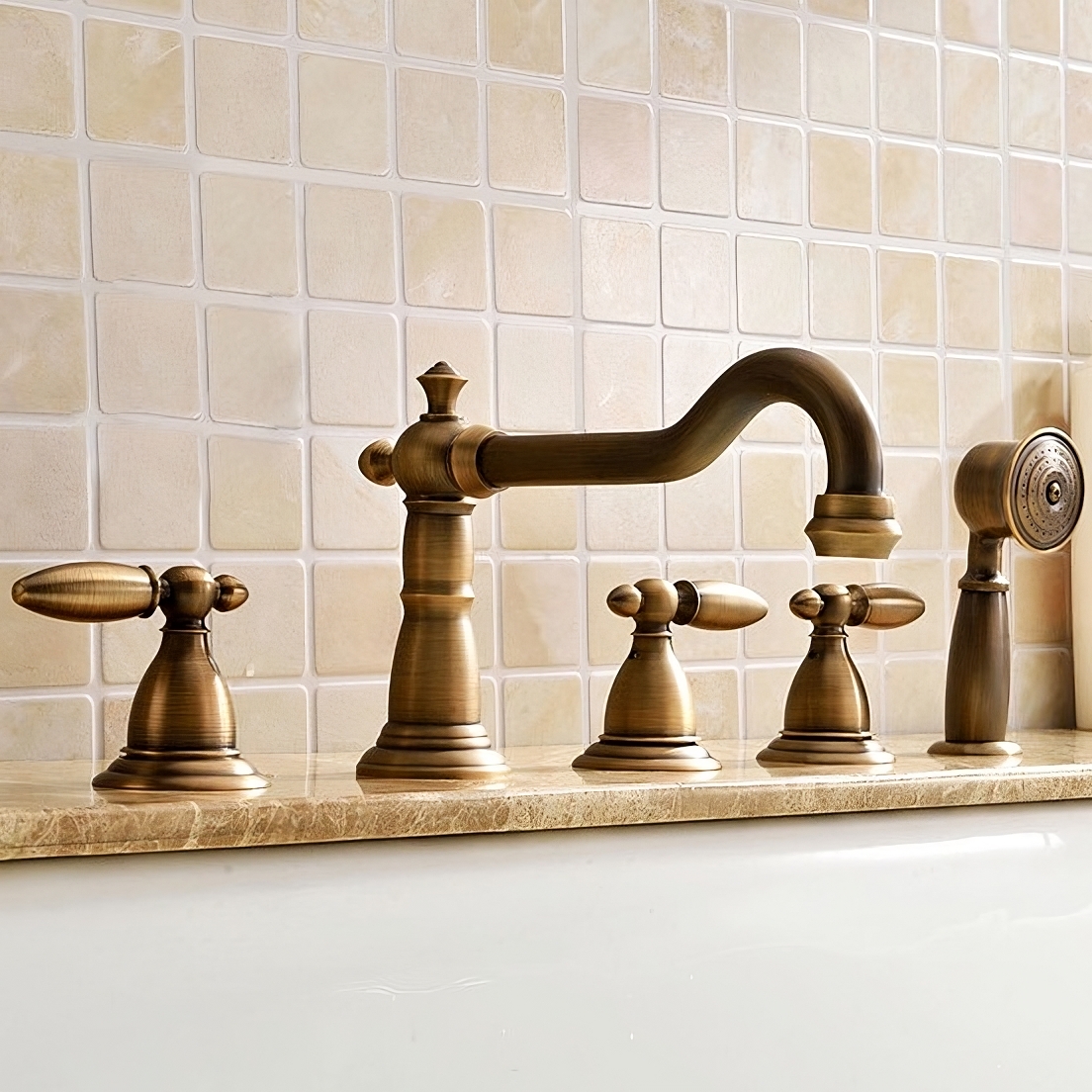 Deck Mounted Roman Bathtub Faucet With Handshower Solid Brass in Antique Brass in US