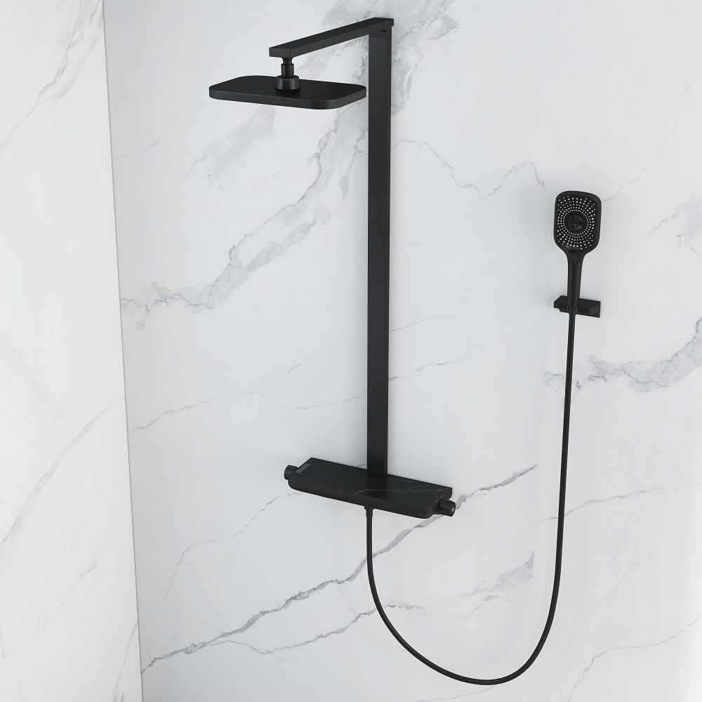 Black Exposed Rainfall Shower System with Handshower & Stone Rack Solid Brass