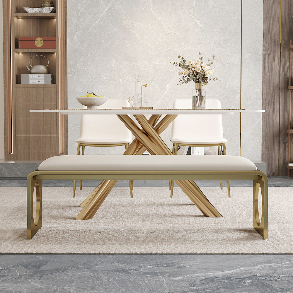 55" Off-White Modern Dining Room Bench for 3 Person Faux Leather Bench Stainless Steel