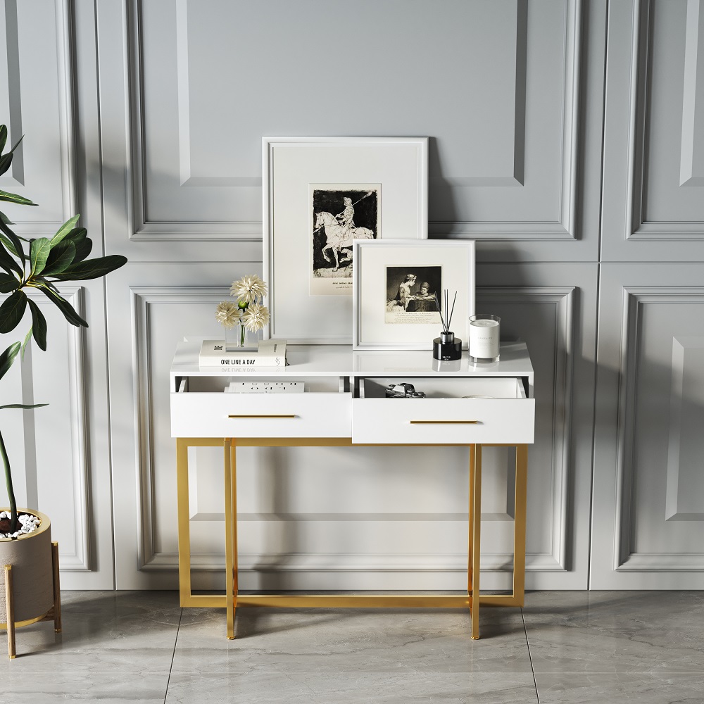 40" Narrow Console Table with Storage Drawers White Entryway Table with Metal Legs