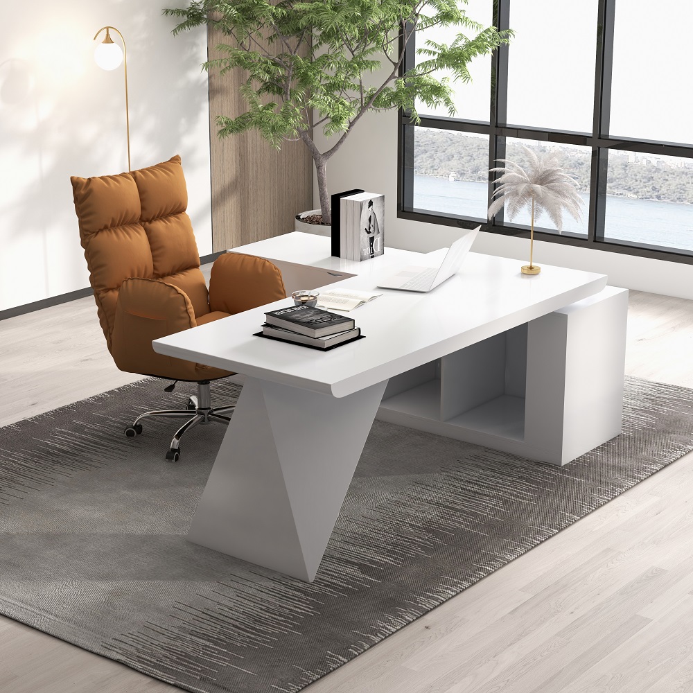 Modern White Large L-Shape Executive Desk with Drawers & Cabinet Left Hand Office Furniture (70.9'')