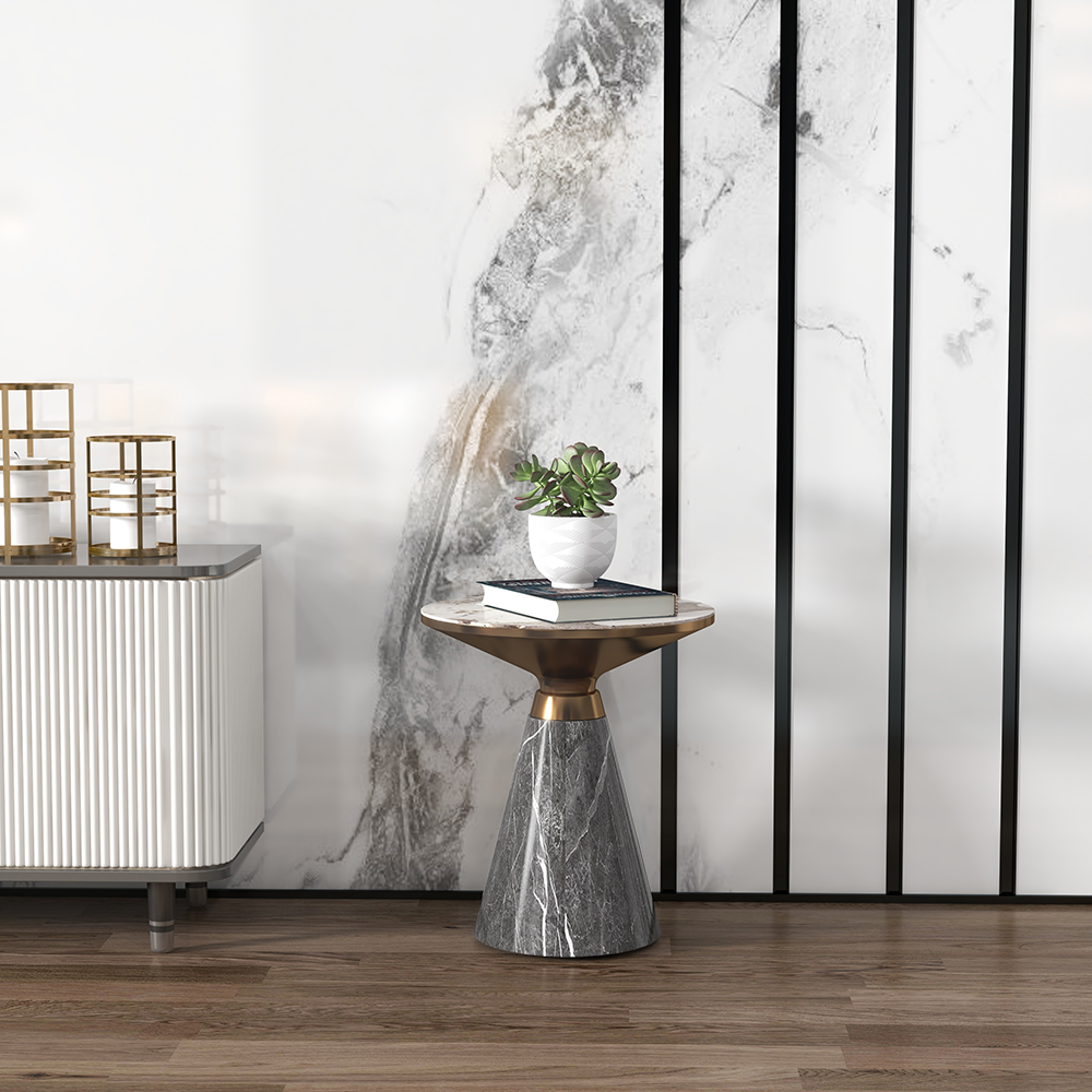 Gray & Gold Hourglass-Shape End Table with Sintered Stone Top & Stainless Steel Base