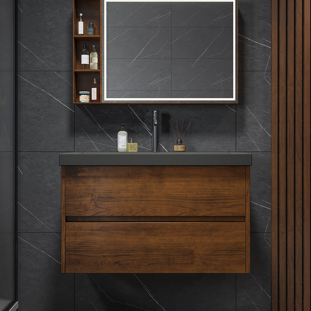 31.5" Floating Bathroom Vanity Wall Mounted Concrete  with Single Sink & Charging Station in Walnut