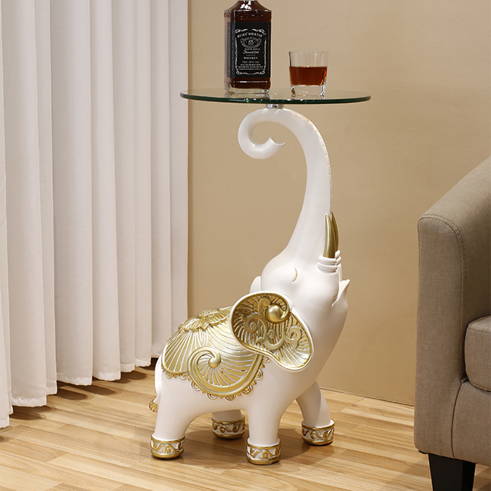 White Elephant Side Table in Gold Finish Modern End Table with Clear Glass Tray Top 