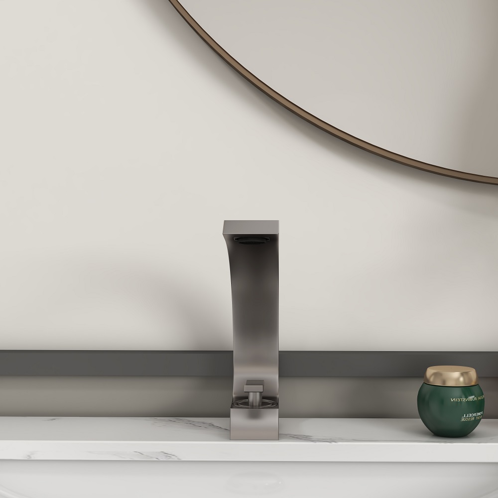 Modern Single Hole 1-Handle C-Shaped Curved Spout Bathroom Sink Faucet with Pop Up Drain in Brushed Nickel