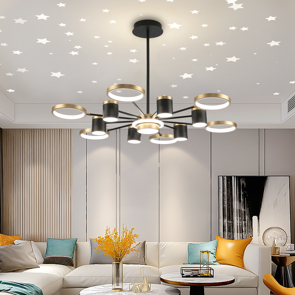 Nordic 12-Light Black & Gold Chandelier LED Ring Starry Reflection Light Dimmable