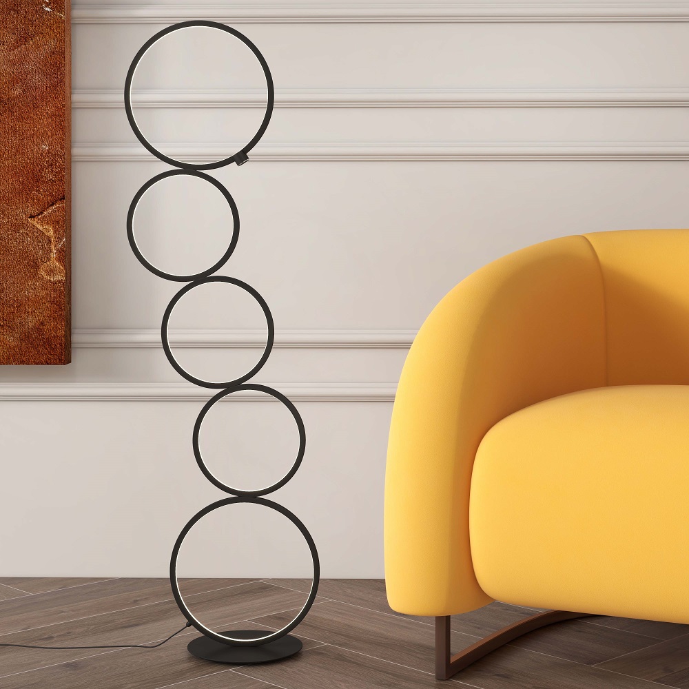 Black LED Floor Lamp 5-Ring Novelty Standing Lamp