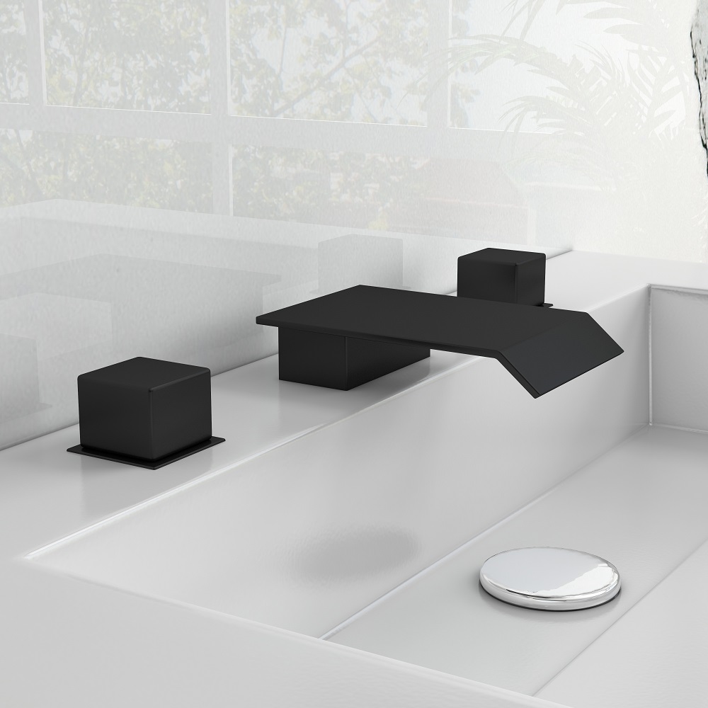 Moda Matte Black Waterfall Widespread Bathroom Sink Faucet Square Double Handle