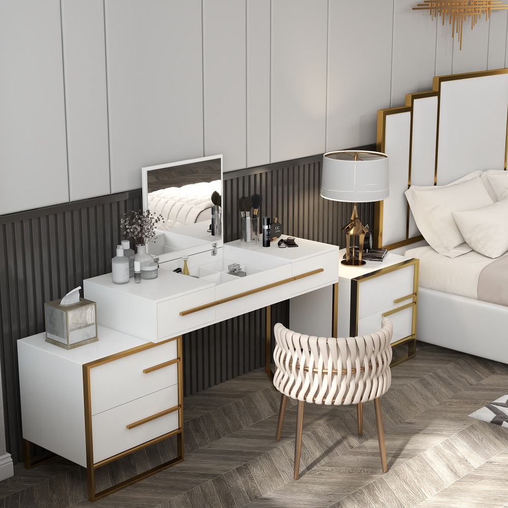 White Makeup Vanity with Storage & Flip Top Mirror 4 Drawers & Golden Base