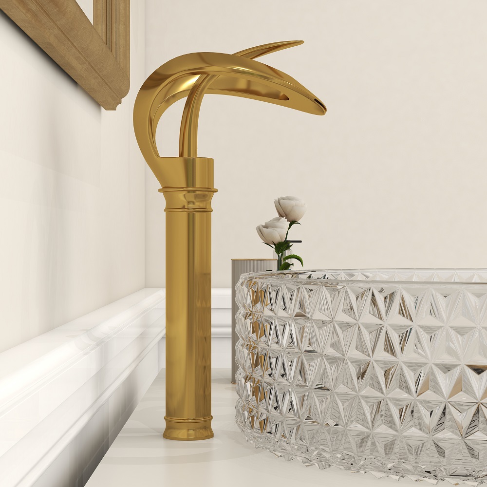 Modern Elegant Waterfall Bathroom Vessel Sink Faucet Single Handle Solid Brass in Gold