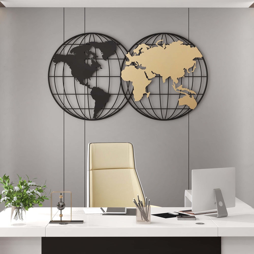 43.5" Modern Geometry World Map Wall Decor with Metal Round Frame in Black & Gold