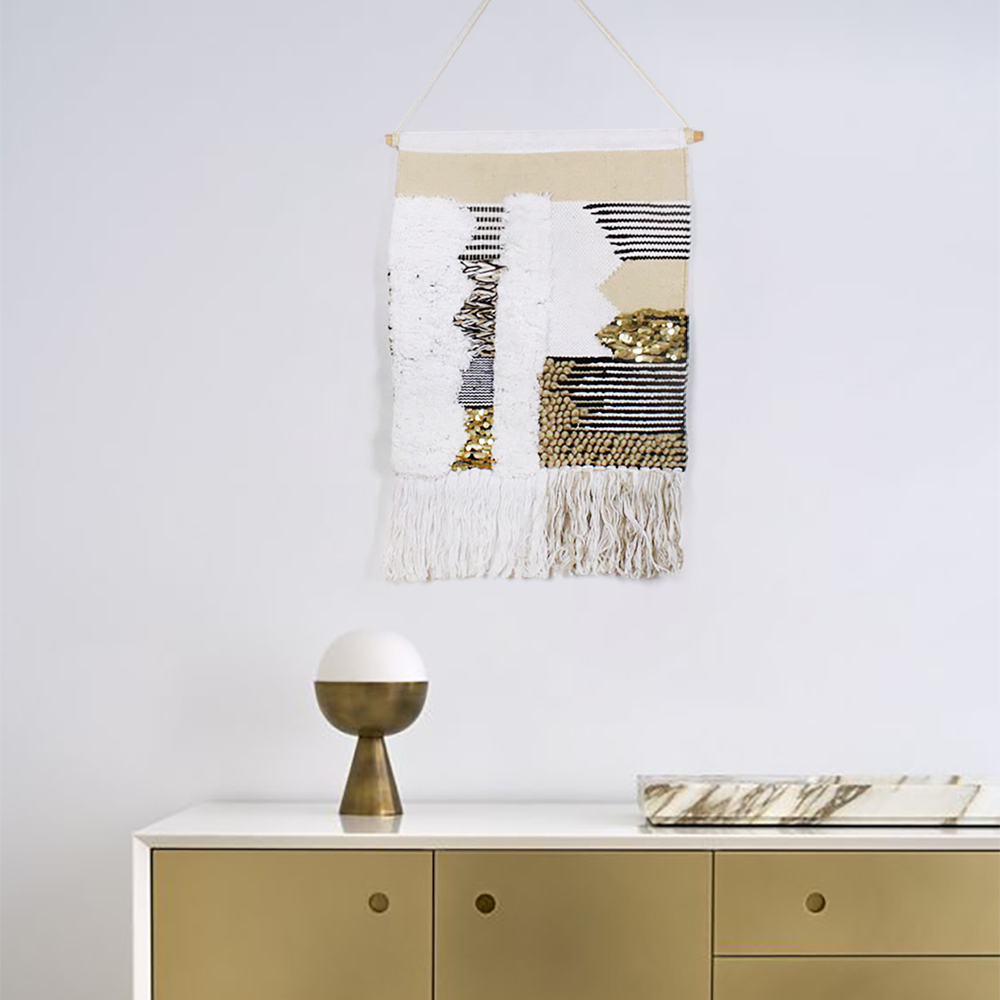 Modern Woven Black and Gold Blend Tapestry  Macrame Wall Hanging
