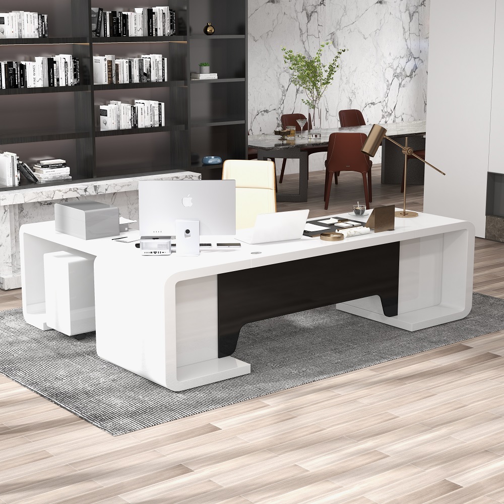 78.7" L-Shaped Modern  Executive Desk of Right Hand with Drawers in White & Black