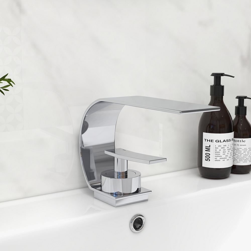 Single Handle Waterfall Arc Bathroom Sink Faucet Chrome Solid Brass