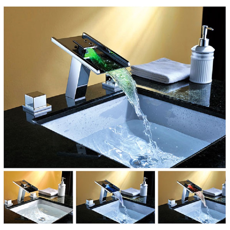Modern 1-hole Waterfall Bathroom Sink Faucet in Chrome Brass With Led Light in US