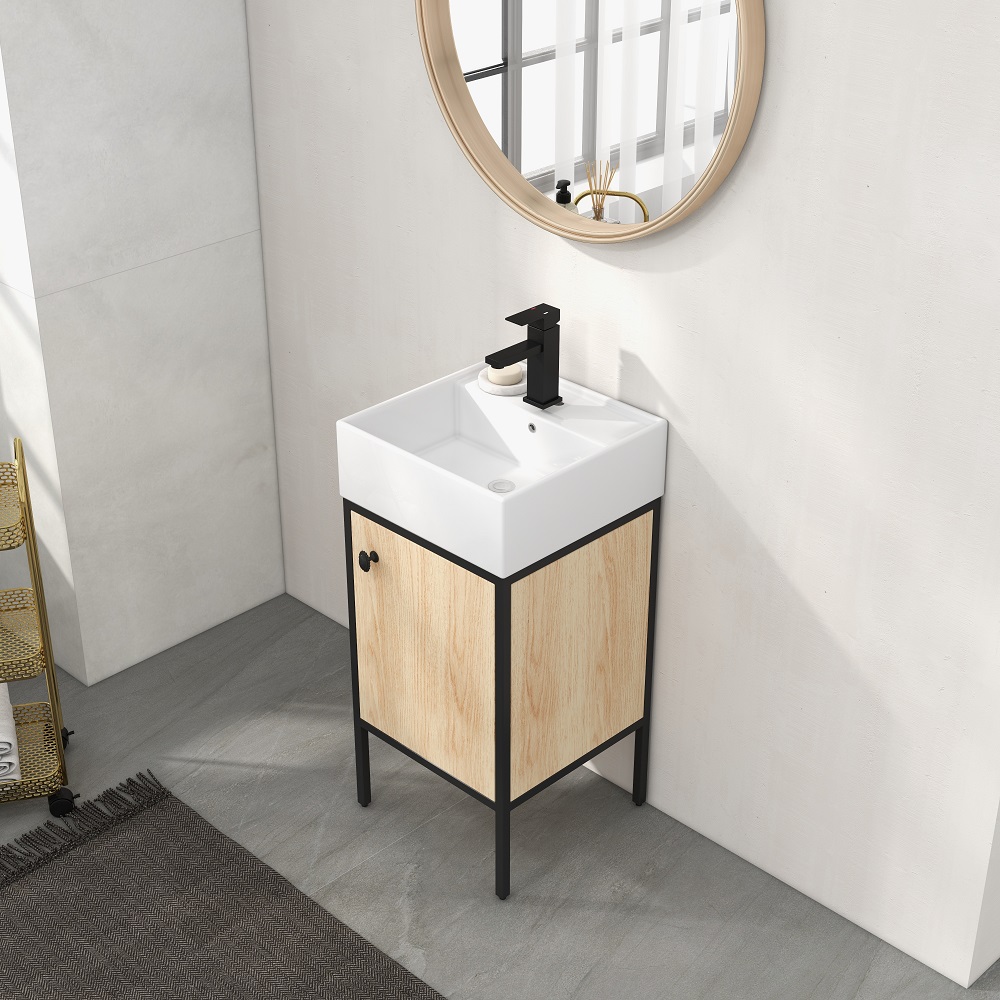 16" Modern Natural Bathroom Vanity Set Ceramics Single Sink with Drain