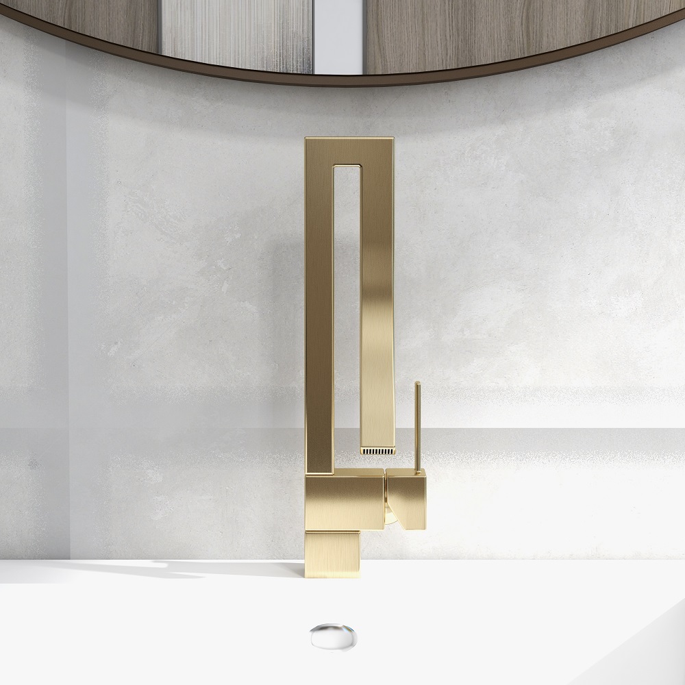 Brushed Gold Waterfall Bathroom Sink Faucet Single Hole Single Handle Brass Modern Style