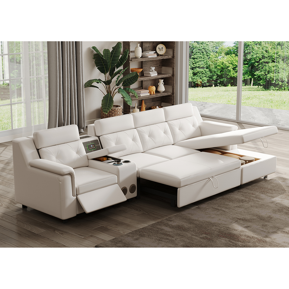 134.6" White Power Reclining Sectional Sofa Pull Out Bed Cup Holder Speaker Storage in US