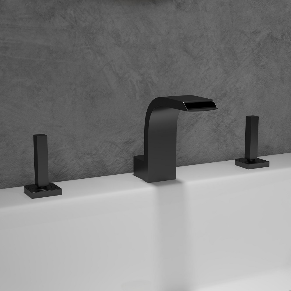 Contemporary Widespread Waterfall Spout Deck Mounted Bathroom Sink Faucet Double Handle