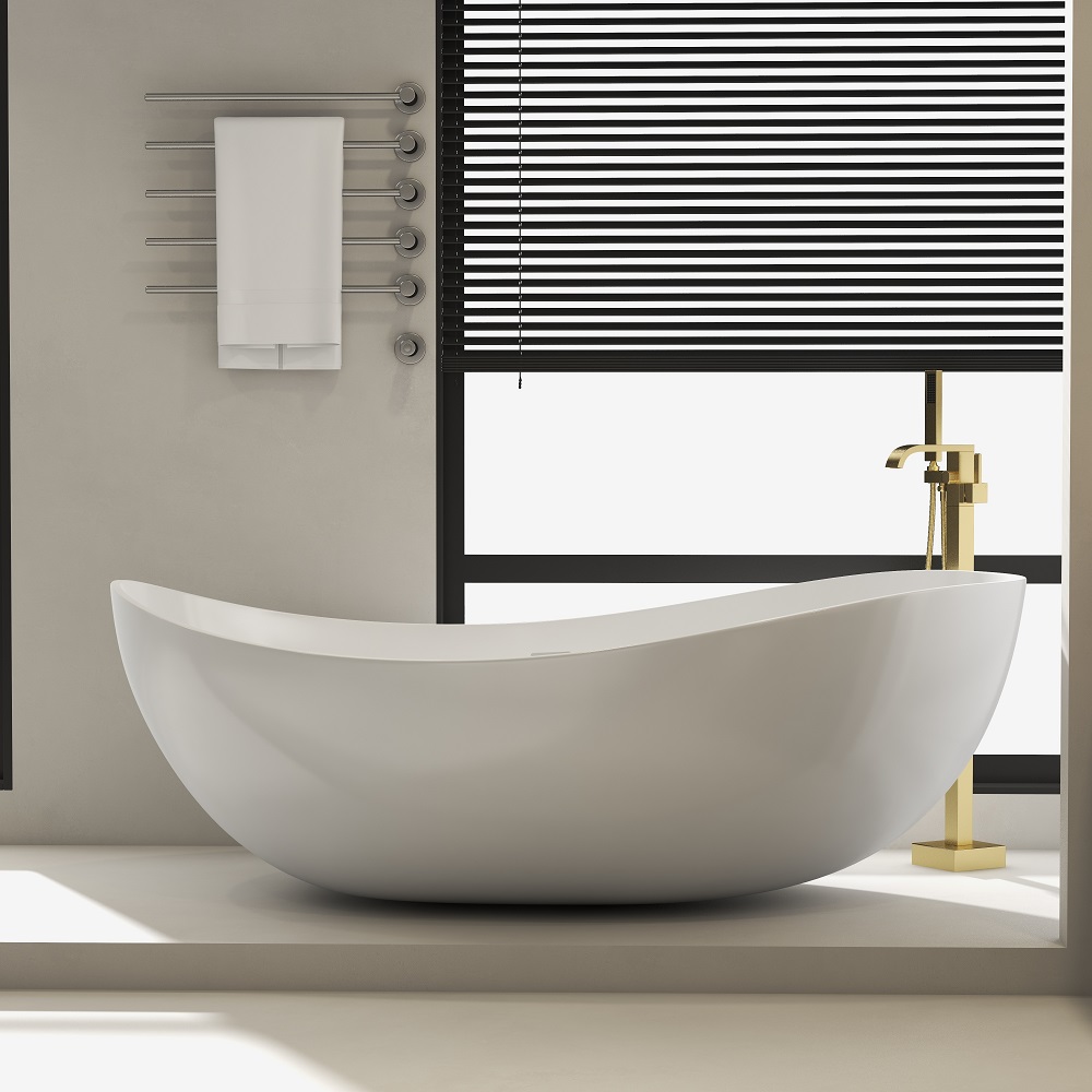 70" Contemporary Oval Freestanding Stone Resin Soaking Bathtub in Glossy White