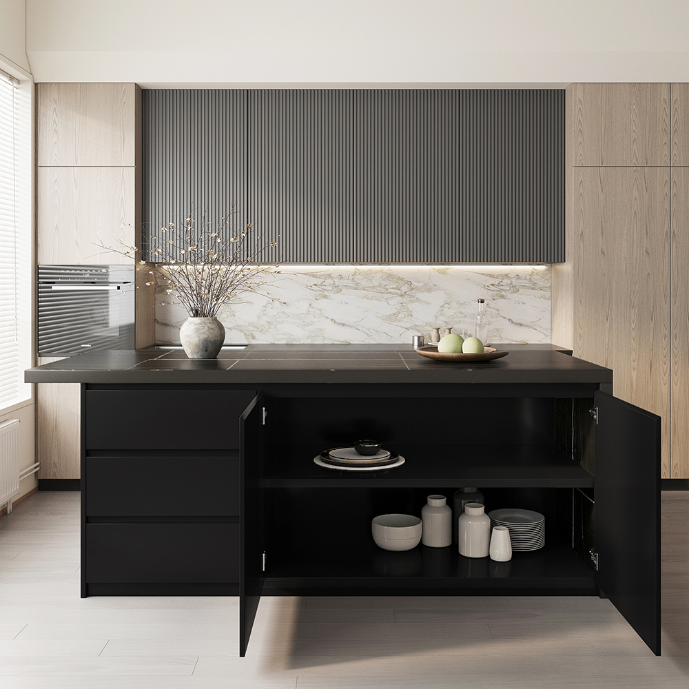72" Large Kitchen Island Marble Veneered Top with Storage Black Modern Kitchen Cabinet
