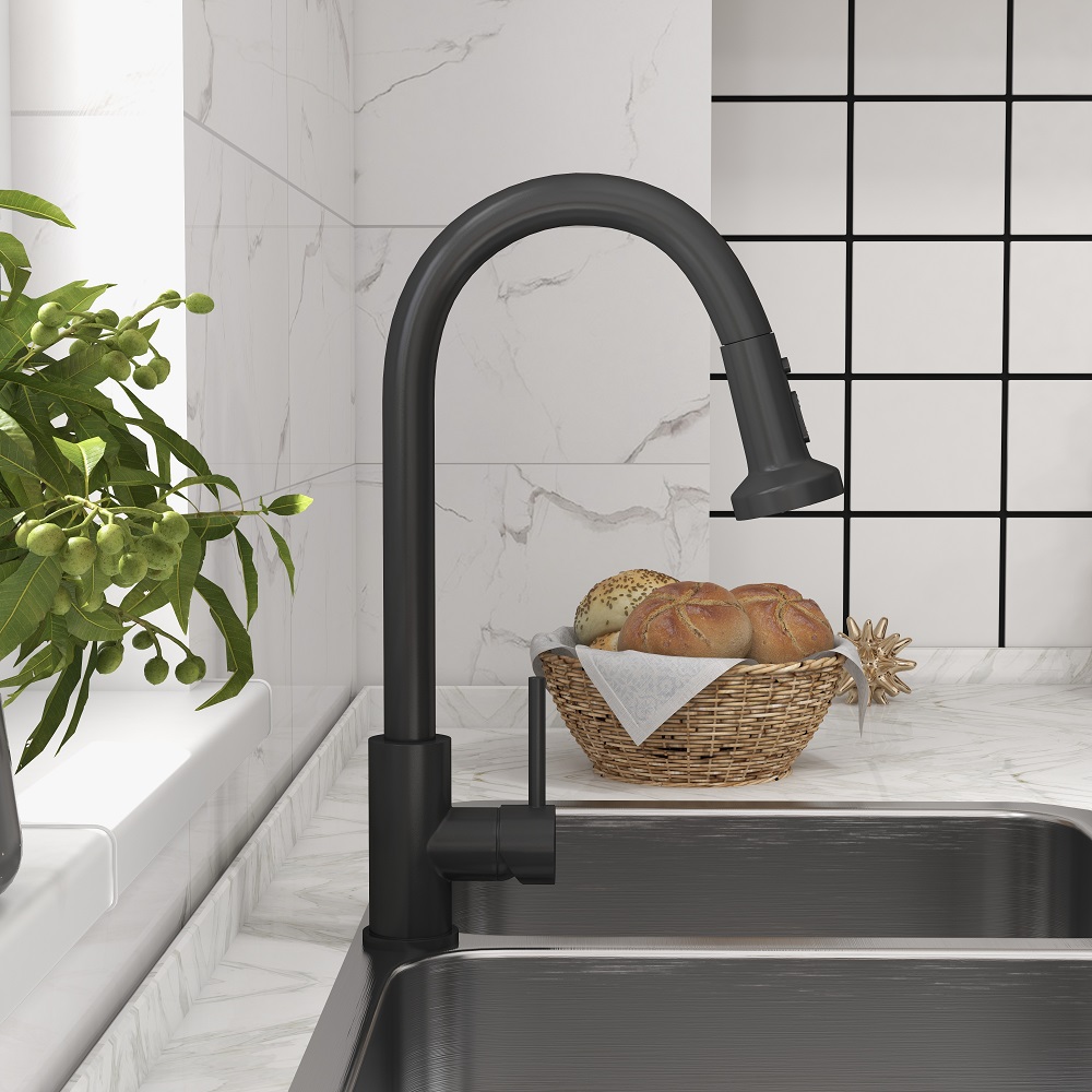 Commercial 3-Function Pull Down Spray Swivel Sprayhead Kitchen Sink Faucet with Deck Plate Matte Black Brass