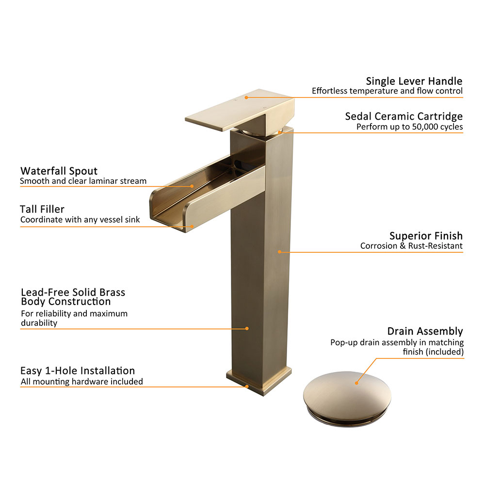 Brushed Gold Single Handle Waterfall Bathroom Vessel Sink Faucet Solid Brass Modern
