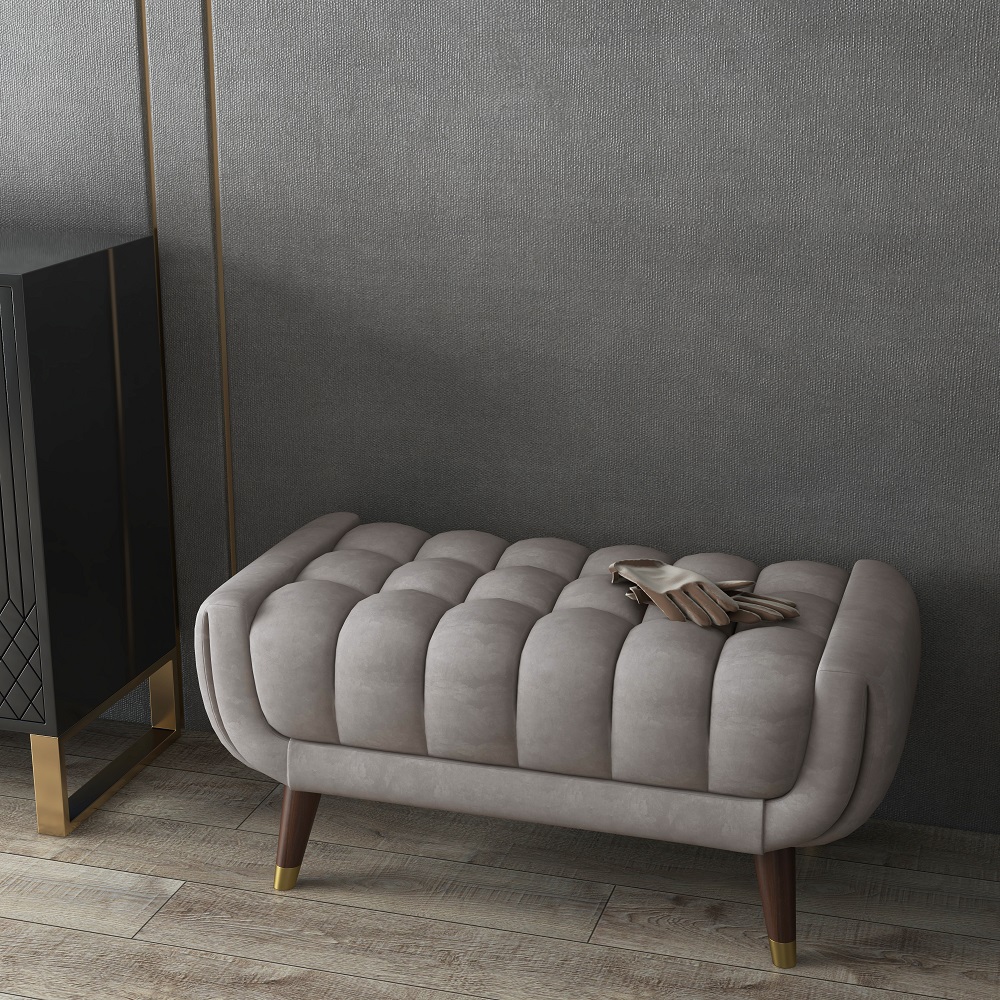 Enoak Modern Entryway Bench Gray Velvet Upholstered Ottoman Bench for End of Bed