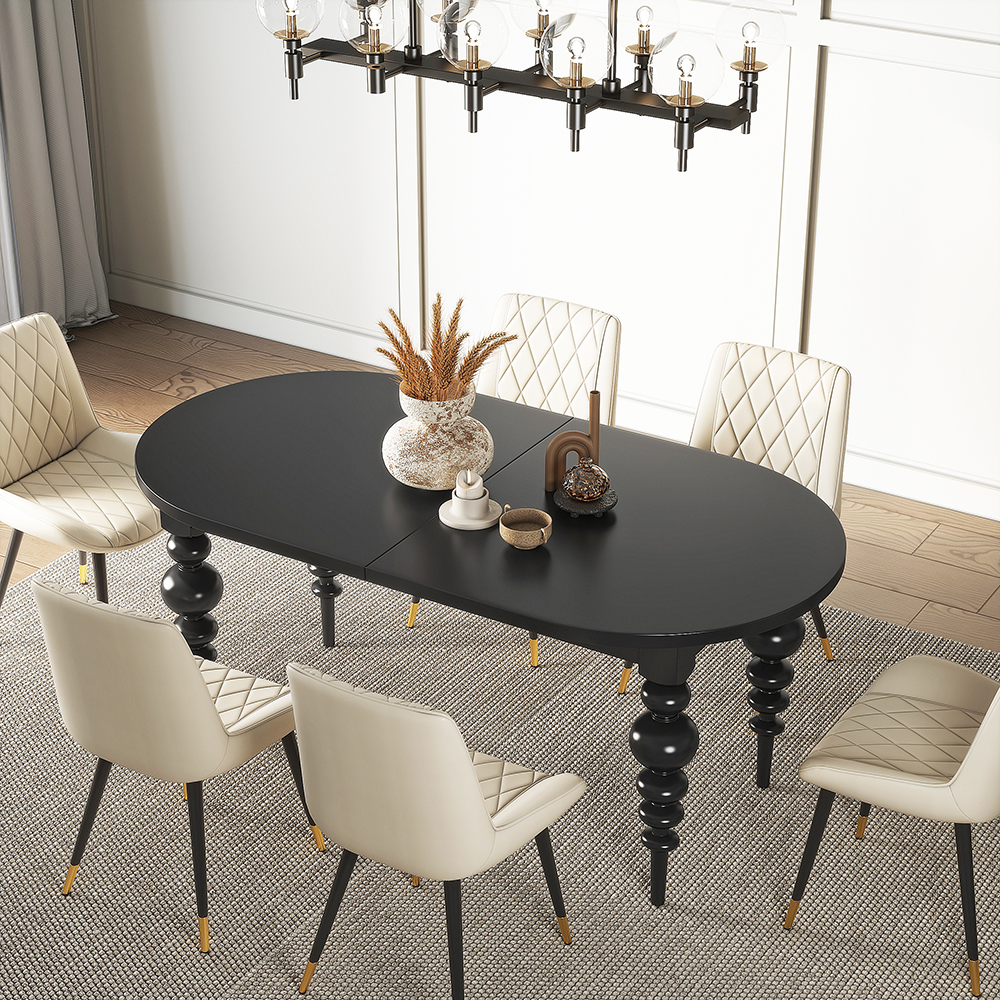  79"-94" Oval Dining Table Extendable for 10 Person with Turned Legs Mid-Century Modern Black Table