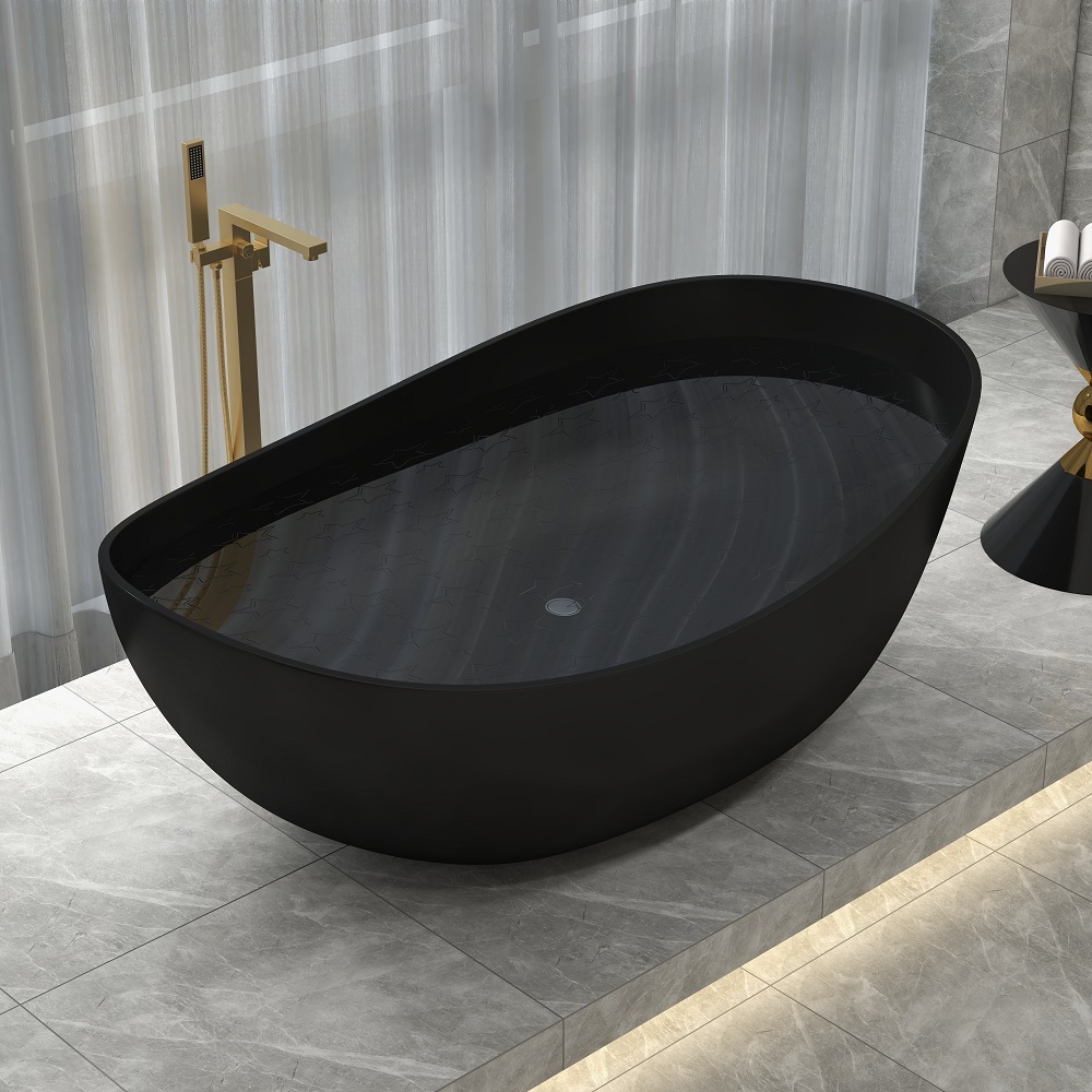70" Contemporary Oval Freestanding Stone Resin Soaking Bathtub in Black
