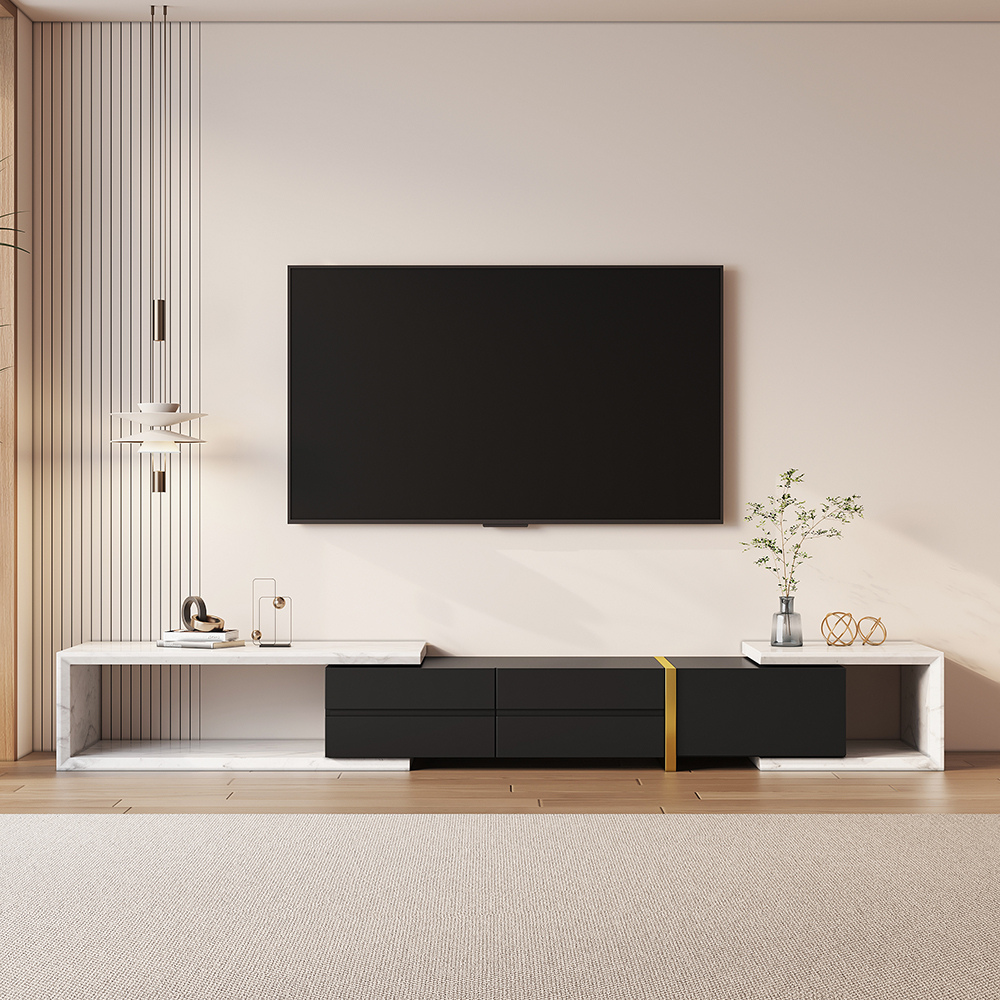 51.2'' to 86.6'' Extendable TV Stand White & Black Corner Media Console with 2 Drawers