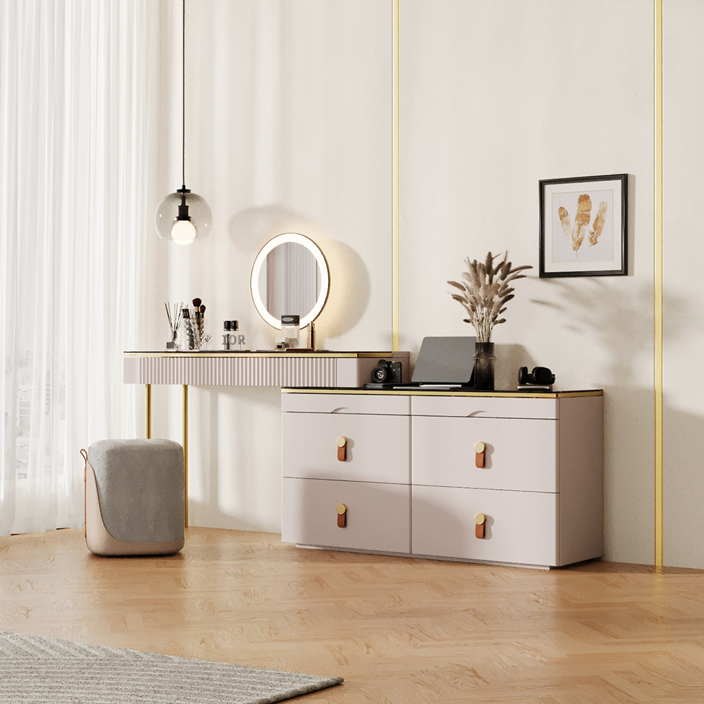 Extendable Makeup Vanity Set with Jewelry Storage Retractable Champagne Dresser with Mirror and Stool