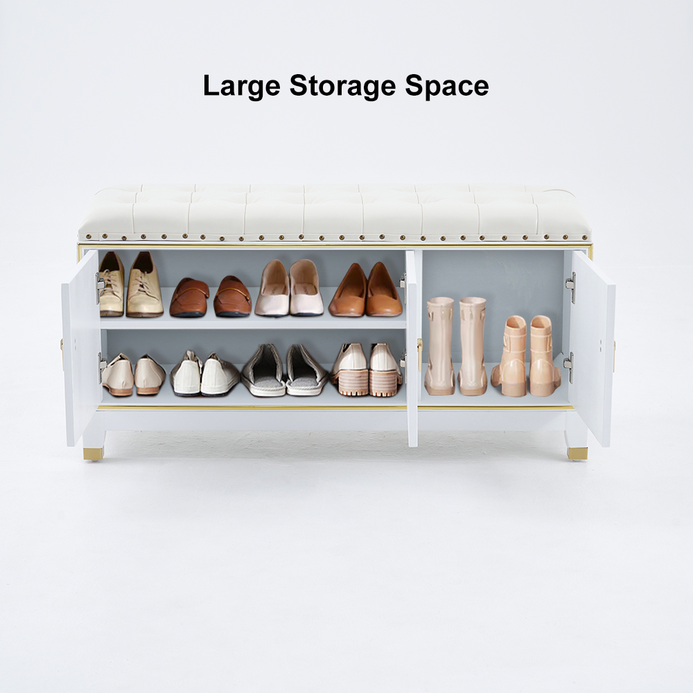 Traditional 39.4" Faux Leather Upholstered Entryway Bench with Storage Shoe Cabinet 3-Door