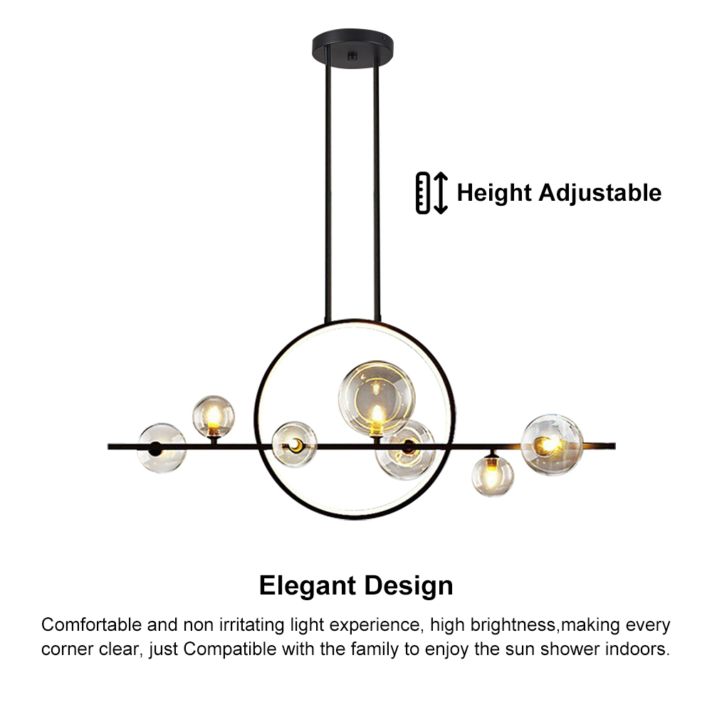 Bubi Minimalist 7-Light Glass Globe Shade Black Kitchen Island Light for Dining Room