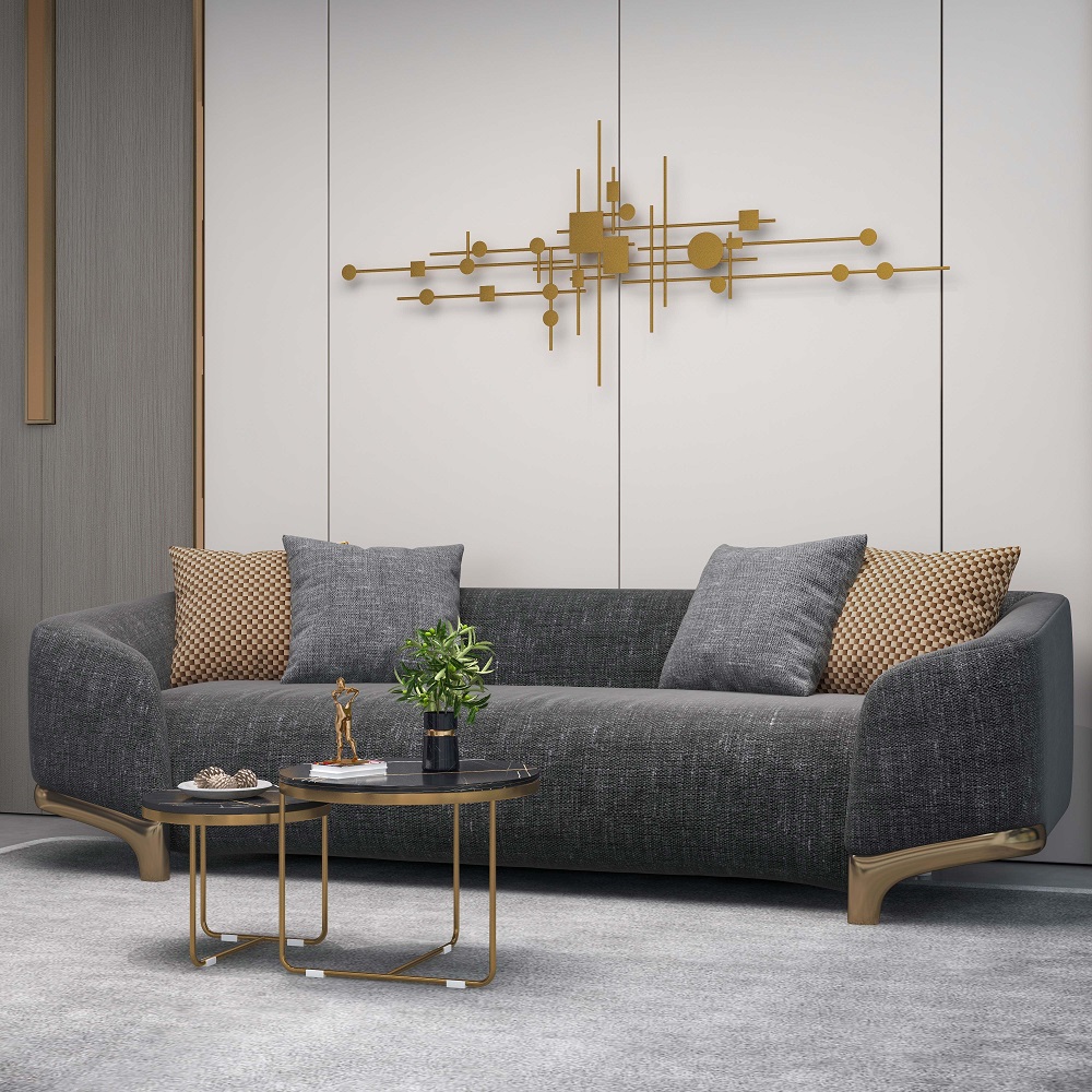 87" Gray 3-Seat Cotton & Linen Upholstered Sofa with Pillows Gold Legs