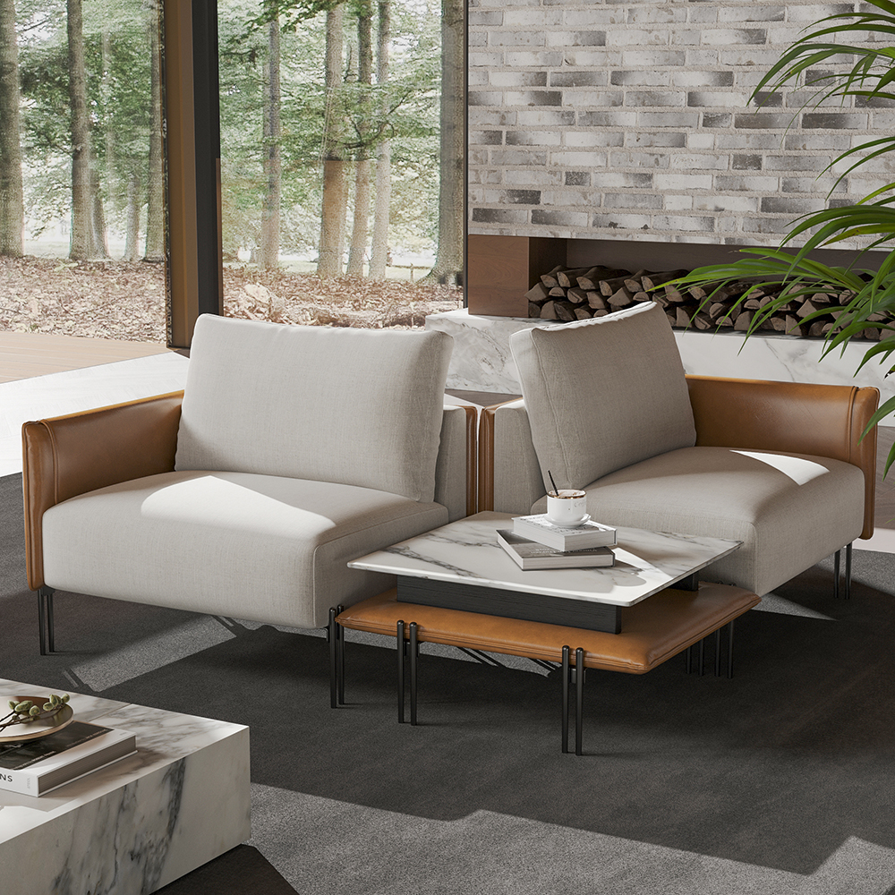  95.3" Linen Modular Upholstered 2-Seater Sofa with Coffee Table Stainless Steel Frame