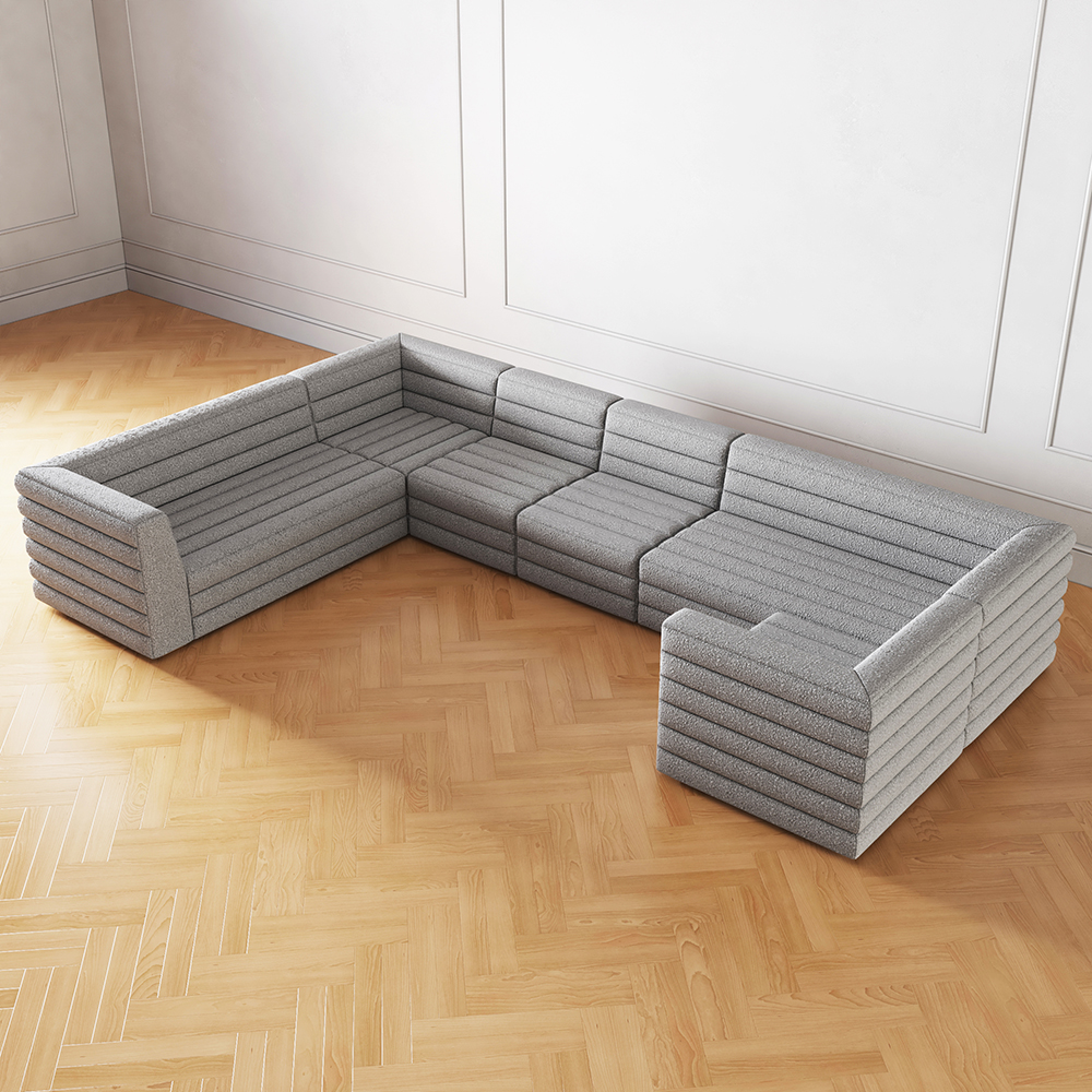  126" U-Shaped Modern Gray Boucle Modular Sectional Sofa for 8 Seaters