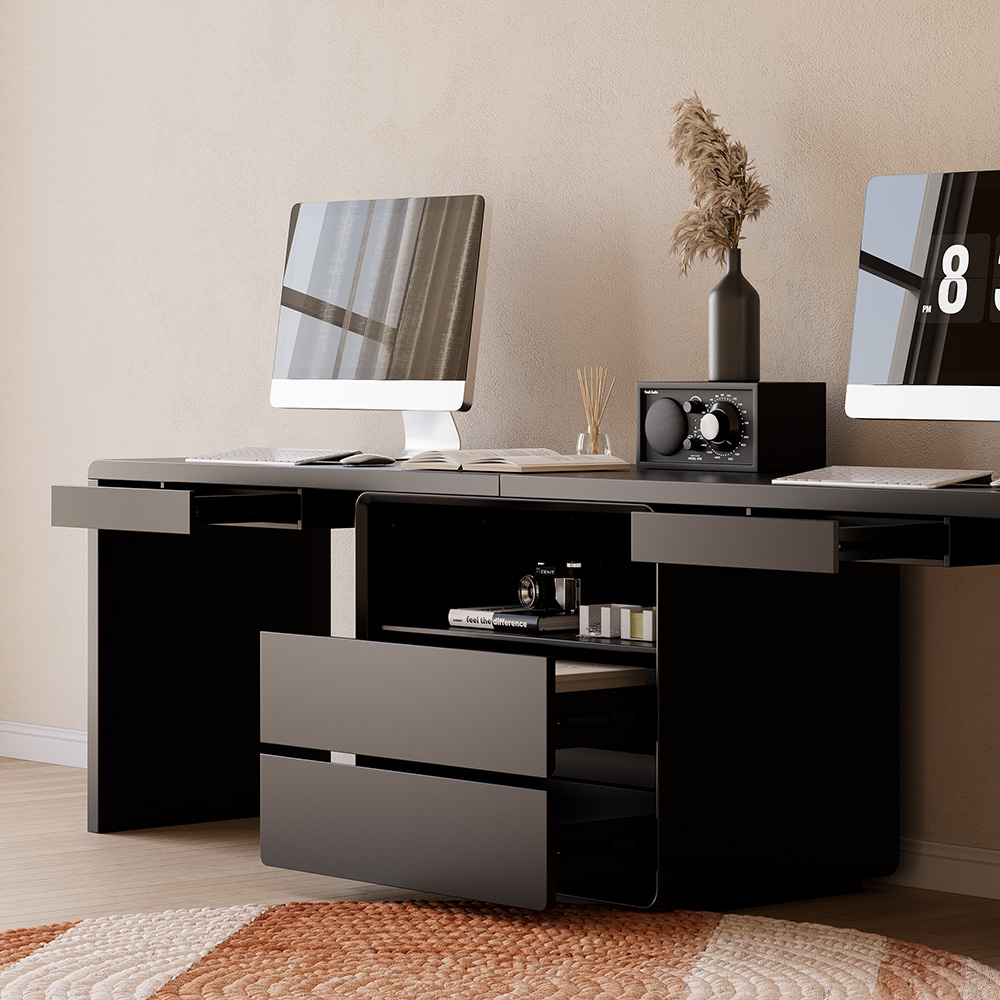 94.5" Two Person Double Computer Desk Modern Black Retangular Office Desk with 4 Drawers & 1 Cabinet