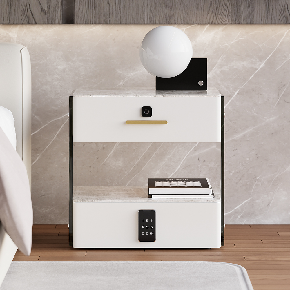 Modern White Smart Leather Nightstand With Sintered Stone Top Fingerprint Lock Bedside Table With Light in US