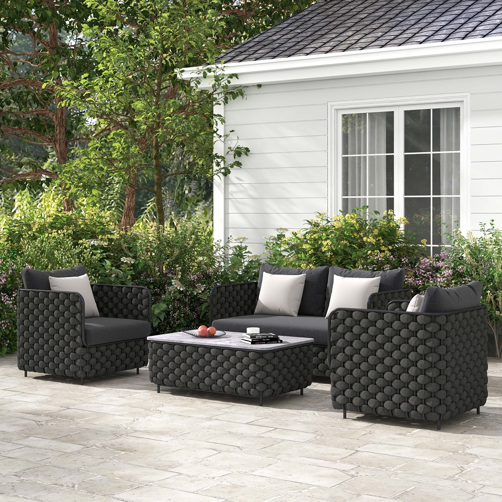 Martic Modern Aluminum & Rope & Sintered Stone Top Outdoor Patio Coffee Table in Black