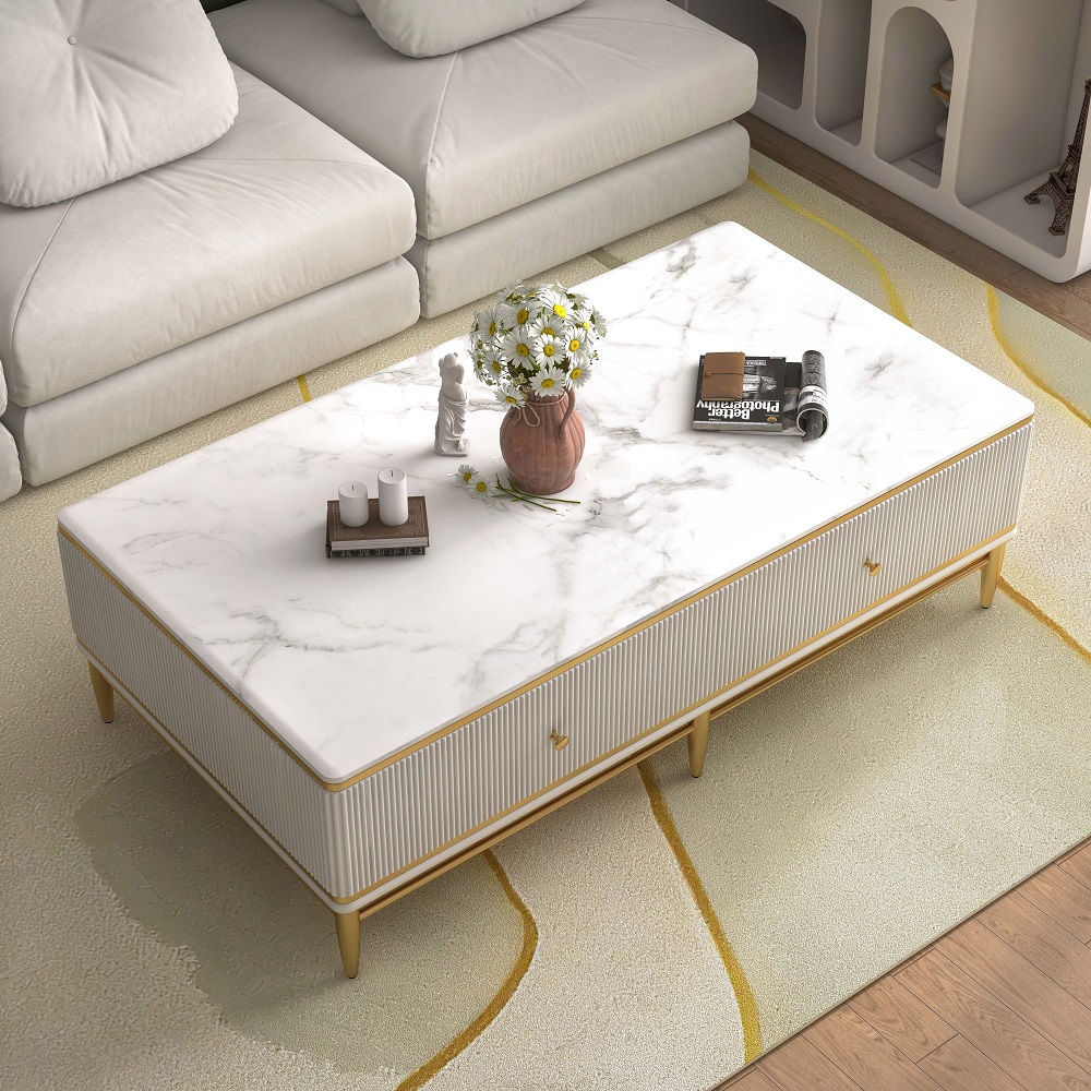 Bline 51" White Faux Marble Rectangle Coffee Table in Gold With Storage 4 Drawers in US
