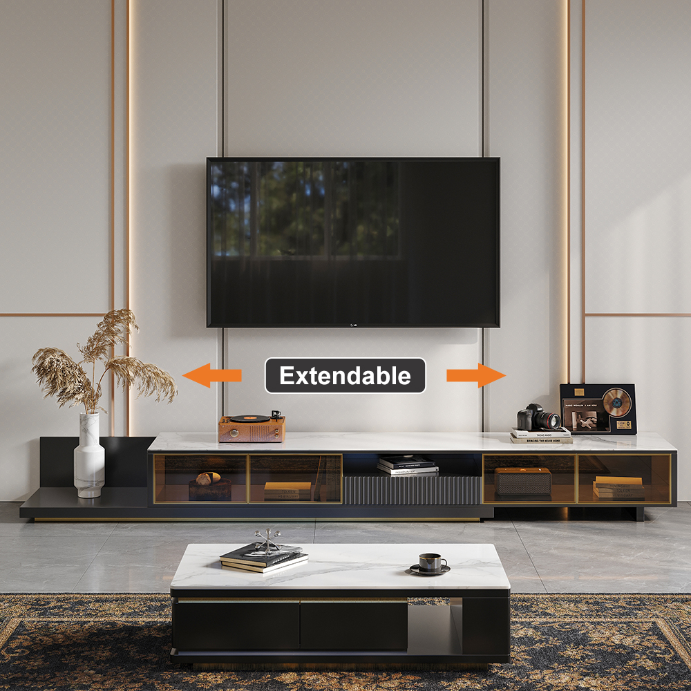 110.2" Black Modern Extendable TV Stand Glass Door Media Console with LED Light & Drawer