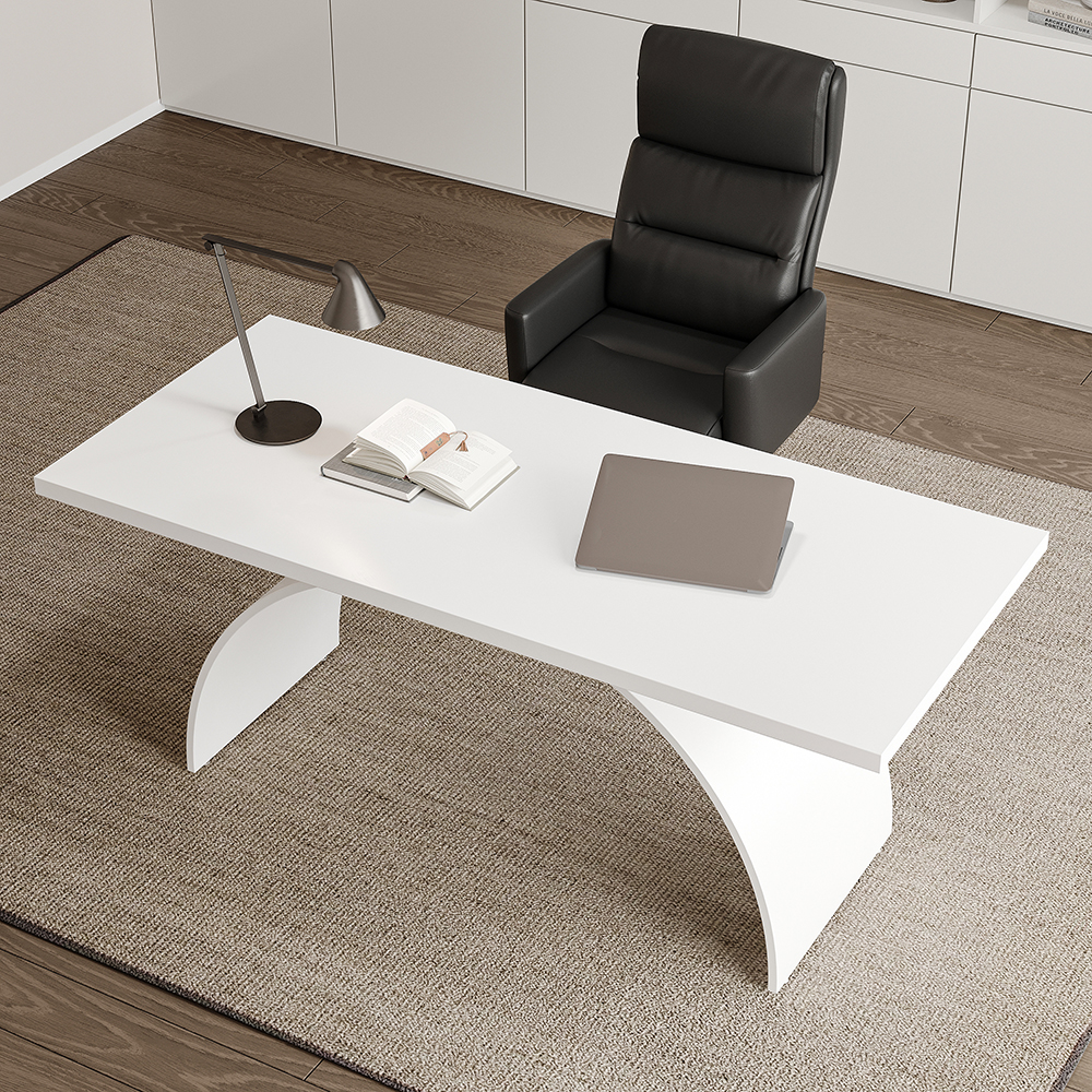 Modern White Rectangular Writing Desk Solid Wood Metal Base Office Desk (70.9" )